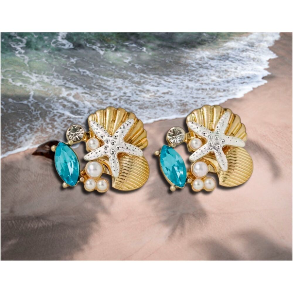 Gold Shell Silver Starfish Aqua Stone Stud Earrings